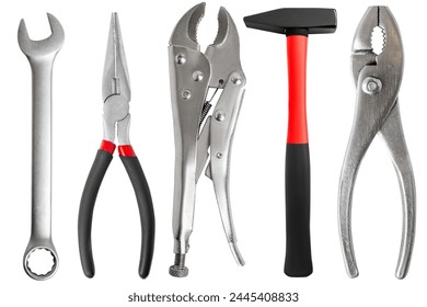 Tool kit for locksmith, man, remount. Hammer, wrench, clamps, pliers. Cut on blank background. - Powered by Shutterstock