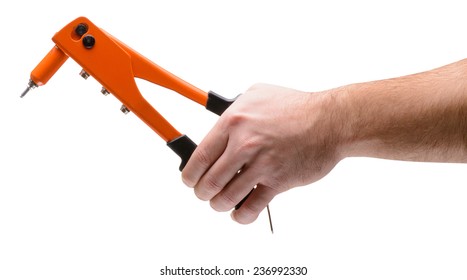 Tool For Rivet Gun In A Man's Hand On A White Background