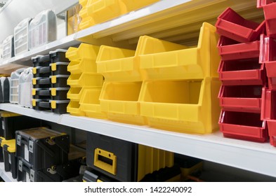 Tool Storage Box And Tool Chests Protective Cases For Tools And Devices.colorful Plastic Storage Boxes On Shelf For Accessories Or Tools Set In Home Office Or Garage ,