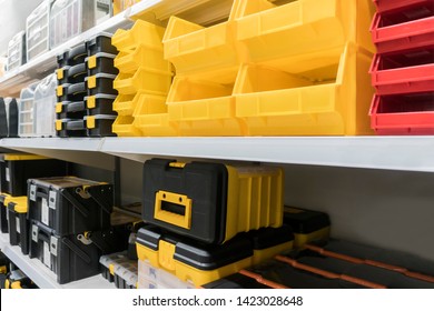 Tool Storage Box And Tool Chests Protective Cases For Tools And Devices.colorful Plastic Storage Boxes On Shelf For Accessories Or Tools Set In Home Office Or Garage ,