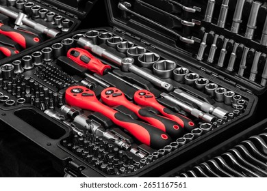 A toolbox with many different tools including pliers, wrenches, and screwdrivers. tools are organized in a way that makes it easy to find what you