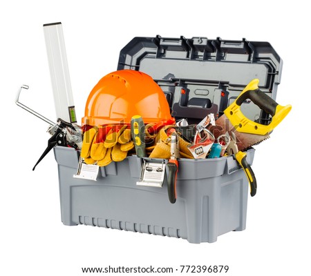 toolbox with orange helmet and different hand tools.