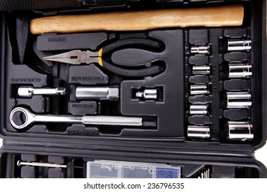 toolbox set of tools include hammer wrench bit driver pliers hex key bush level hex key