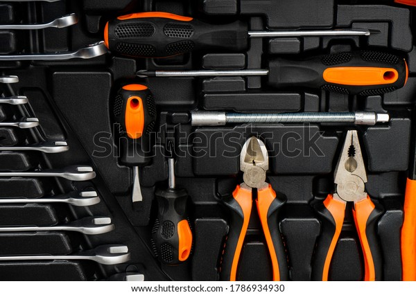 Toolbox, tools kit detail close up. instruments.\
set of tools. car tool kit. tool set background. instruments for\
repair. close-up