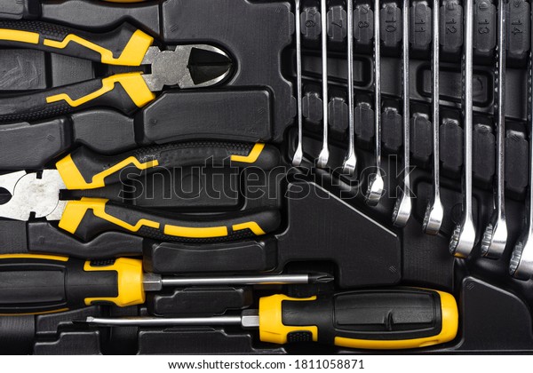 Toolbox,\
tools kit detail close up. instruments. set of tools. car tool kit.\
tool set background. instruments for repair.\
