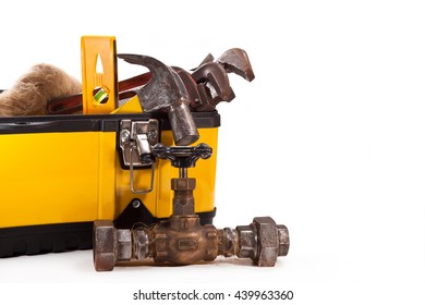 Toolbox With Tools, Tap Water, Hammer And Pipe Wrenches