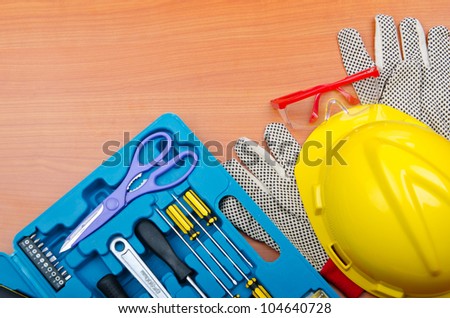 Toolkit and helmet on the table
