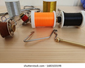 Tools And Accessories For Making Fishing Lures. Threads For Tying Multicolored Flies.