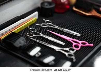 Tools arranged neatly on a stylist workstation in a hair salon - Powered by Shutterstock