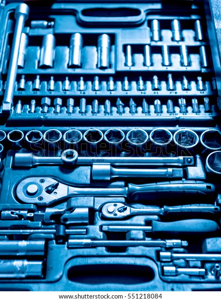 Tools in auto repair\
service. Close up