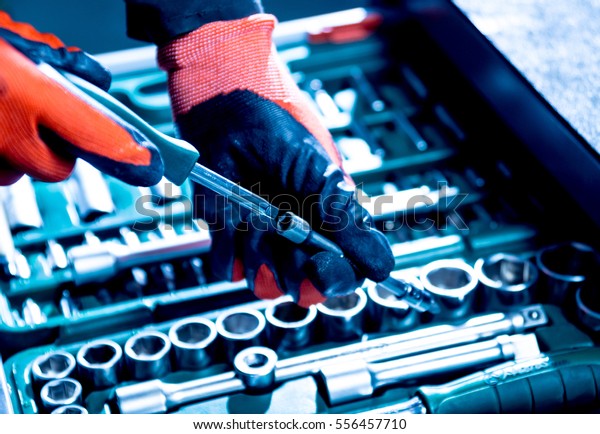 Tools in auto repair\
service. Close up
