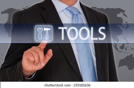 Tools - Businessman With Touchscreen And Toolbox Icon