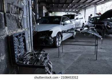 Tools In Car Service, Equipment For Restoration And Fixing Car In Garage