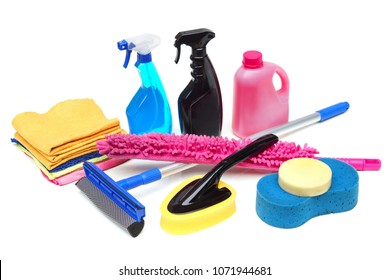 Tools For Car Wash And Clean Consisting Of Sponge, Duster, Brush, Chemical, Microfiber Brush Isolated On White