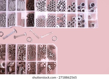 Tools And Components Arrangement, Various Mechanical Fasteners And Tools Laid Out Aesthetically