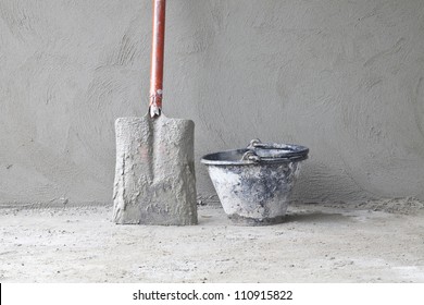 Tools Construction Worker On Wall Concrete.