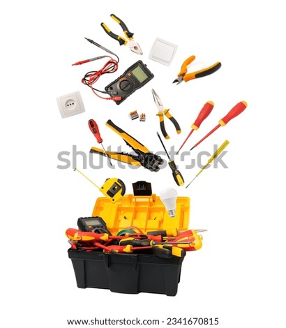 Tools fall into the tool box. electrician tools and accessories isolated on white background. toolbox. Electrician's tool. Banner.MOCKUP. Design