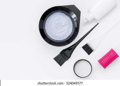 Tools For Hair Dye And Hairdye Top View White Background