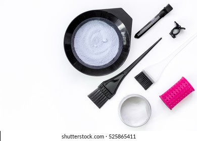 Tools For Hair Dye And Hairdye Top View White Background