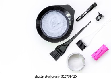 Tools For Hair Dye And Hairdye Top View White Background