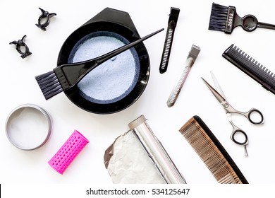 Tools For Hair Dye And Hairdye Top View White Background