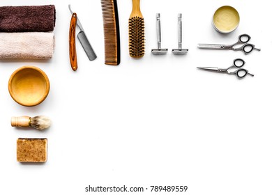 Tools for haircut and shave. Razor, sciccors, brush on white background top view copyspace - Shutterstock ID 789489559