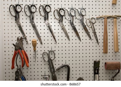 Tools hanging on pegboard