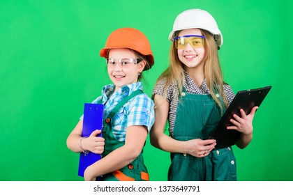 Tools To Improve Yourself. Repair. Future Profession. Builder Engineer Architect. Kid Worker In Hard Hat. Child Care Development. Small Girls Repairing Together In Workshop. Taking Care Of Your Home.