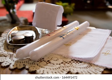 Tools For Infant Baptism In The Church - Candle, Ointment