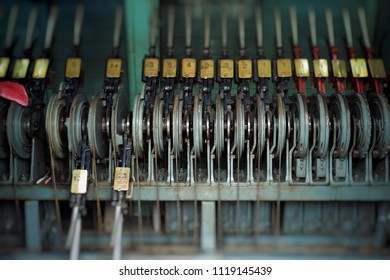 Tools And Machinery For Switching The Tracks Of Railway At The Train Station. Mechanical Control Panel For Switching The Route Of Trains.