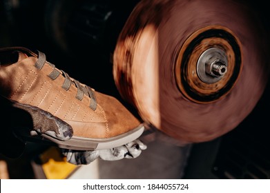 Tools For Make Of Shoe. Shoemaker In Workshop Making Leather Shoes.