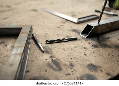 Tools and Materials Spread Across a Workbench with Metal Components for Crafting and Construction Projects