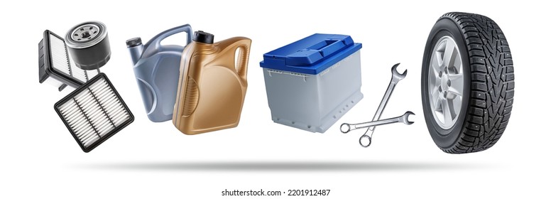 Tools and objects for car repair and service, such as a wheel; battery; oil in a container; keys on a white isolated background.