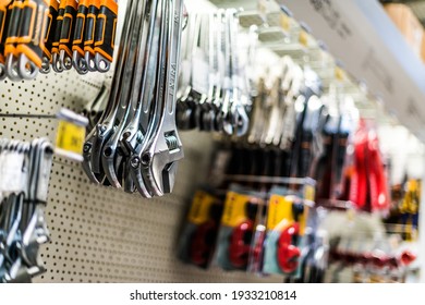 Tools put up for sale in a hardware store  - Shutterstock ID 1933210814