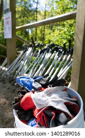 tools ready to be used by an organization of eco-friendly volunteers for a beach or forest cleanup. Garden gloves and trash pickers used for removing garbage from natural areas