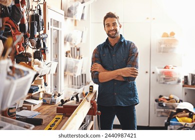 Tools, smile and portrait of man in workshop for furniture, manufacturing and small business production. Male person, happy and handyman with equipment for renovation, maintenance or remodeling - Powered by Shutterstock