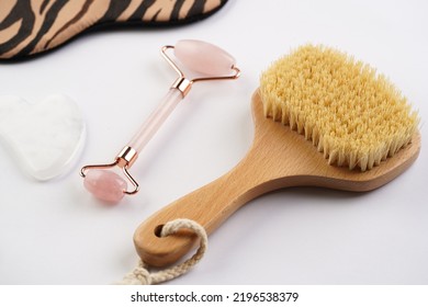 Tools For Spa And Face Wellness Cleansing - Rose Quartz Face Roller, Gua Sha Massager, Brush With Hard Coconut Fiber For Dry Thigh Massage, Sleeping Mask,