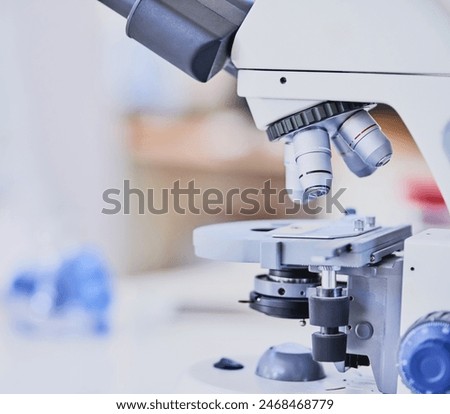 Tools, technology or microscope in laboratory for science innovation, vaccine or antiaging medicine. Life extension, medical background or healthcare biology for DNA chemistry or research examination