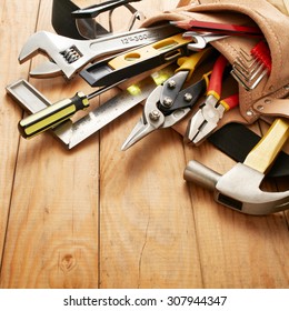 Tools In Tool Belt On Wood Planks