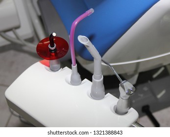 Tools For UV  Curing Light-hardening Dental Fillings And Saliva Ejector - Medical Equipment In The Dentist Office, Top View