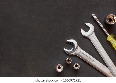 Tools For Work. Wrenches, Spanner On Black Background. Repair Auto Concept. Flat Lay. Copy Space. Top View