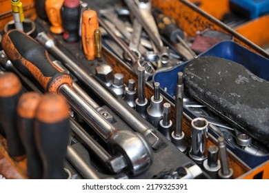 Toolset with ring spanners, screwdrivers, wrenches, bit socket set. Mechanic tools.