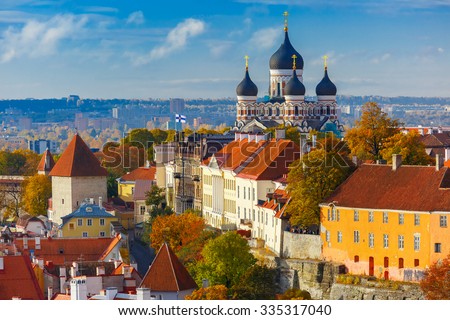Toompea hill with fortress wall, tower and Russian Orthodox Alexander Nevsky Cathedral, view from the tower of St. Olaf church, Tallinn, Estonia