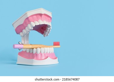 Tooth Clear In Jaw With Pink Bamboo Toothbrush In Blue Background. Health Education, Professional Oral Hygiene. Teeth Cleaning. Caries Prevention. Dental Care. Copy Space; Text