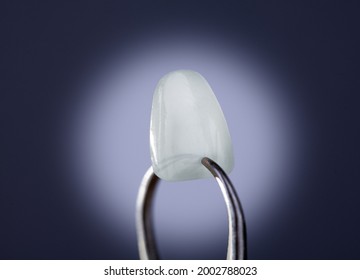 tooth lumineer in holder on blue background with vignette