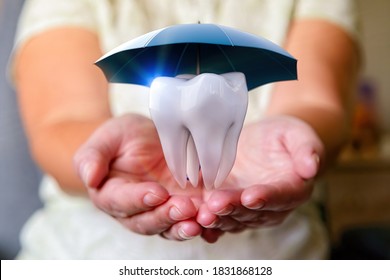 A Tooth Under An Umbrella Over Woman's Hands. Protect Health, Insurance Concept, Dental, Medical Care. 