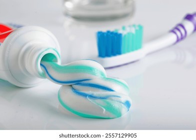 Toothbrush, tube of toothpaste and a glass on a white background