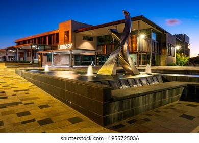 Toowoomba, Queensland, Australia - Apr 2, 2021: Public Library Building At Night