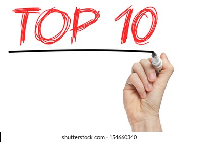 Top 10 phrase written on whiteboard isolated on white
