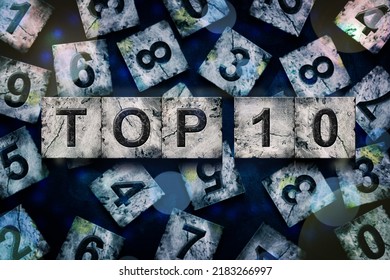 Top 10, Words, Above Different Numbers, On A Dark Blue Background. Alphabet On Stone Blocks.Rating. Rating Concept. Background.